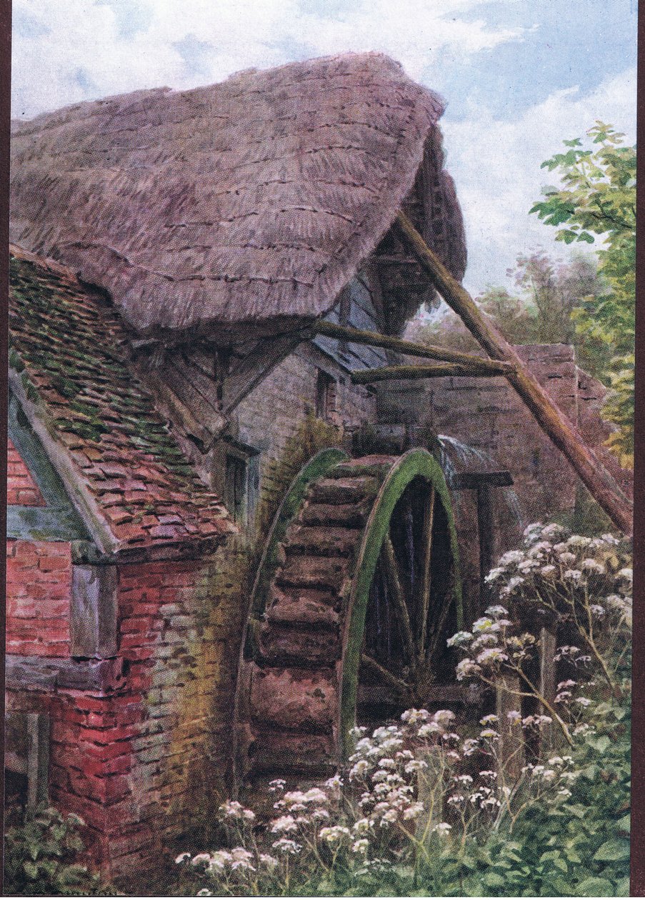 Koło młyńskie, zamek Elmley, Worcester, z książki The Cottages and the Village Life of Rural England wydanej przez Dent & Sons Limited autorstwa Alfred Robert Quinton