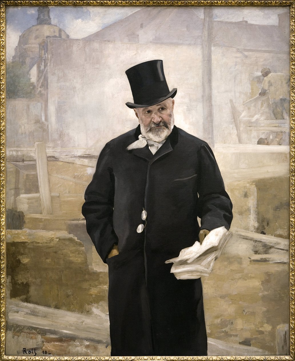 Portret Jean Charles Adolphe Alphand (1817-1891), współpracownik barona Haussmanna, kierownik robót publicznych, układ terenów zielonych w Paryżu, kierownik prac Wystawy Światowej 1889, Obraz olejny na płótnie Alfreda Rolla (1846-1919) ). Fotog autorstwa Alfred Roll