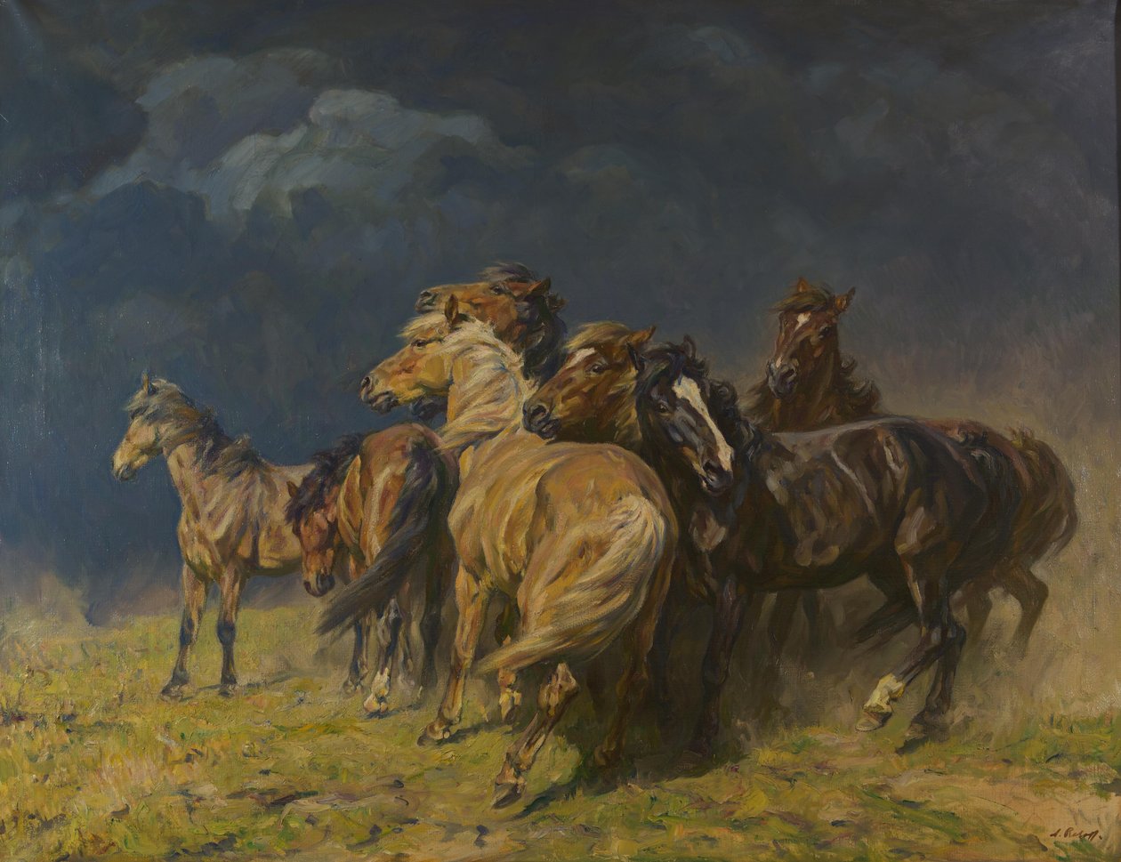 Konie w wietrze o sile wichury autorstwa Alfred Roloff