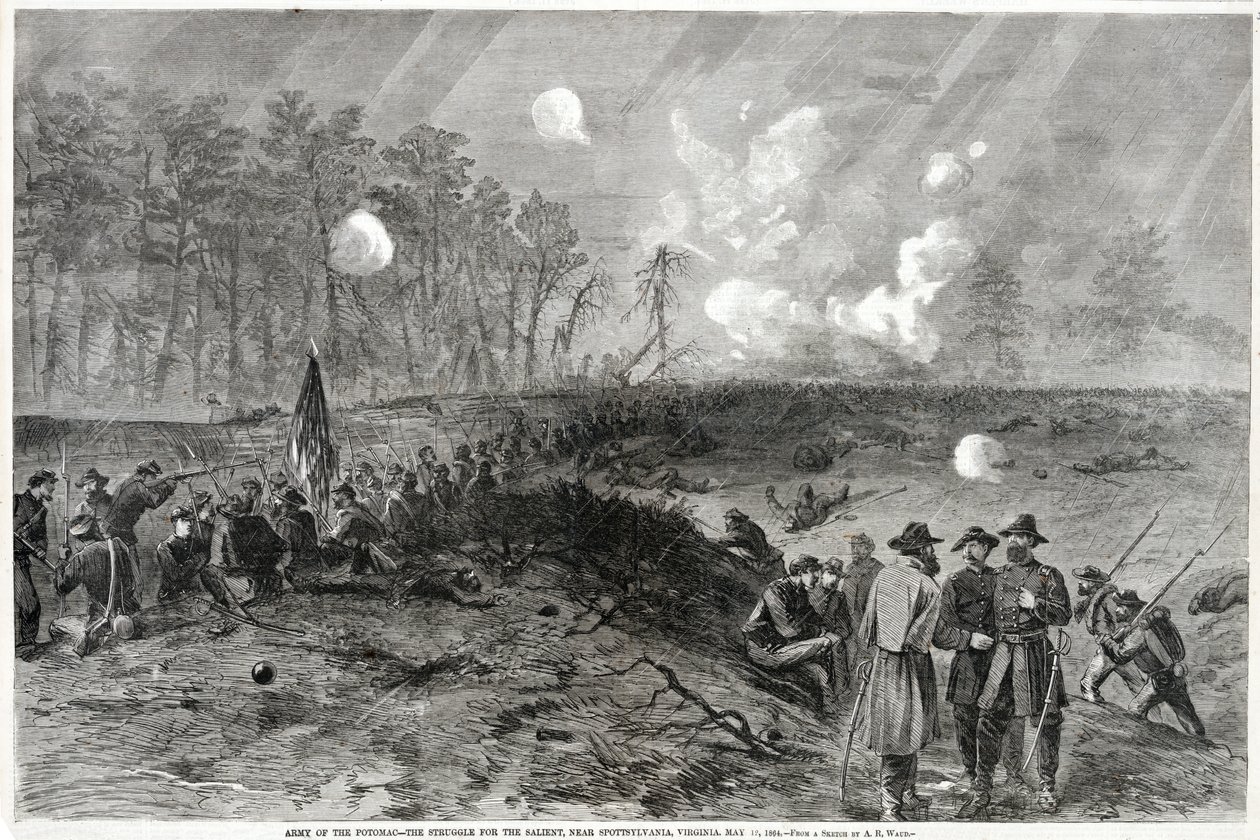 Armia Potomaku — Walka o Wystające, niedaleko Spottsylvanii w Wirginii. 12 maja 1864, z Harpers Weekly, wyd. 1864 autorstwa Alfred Rudolph Waud