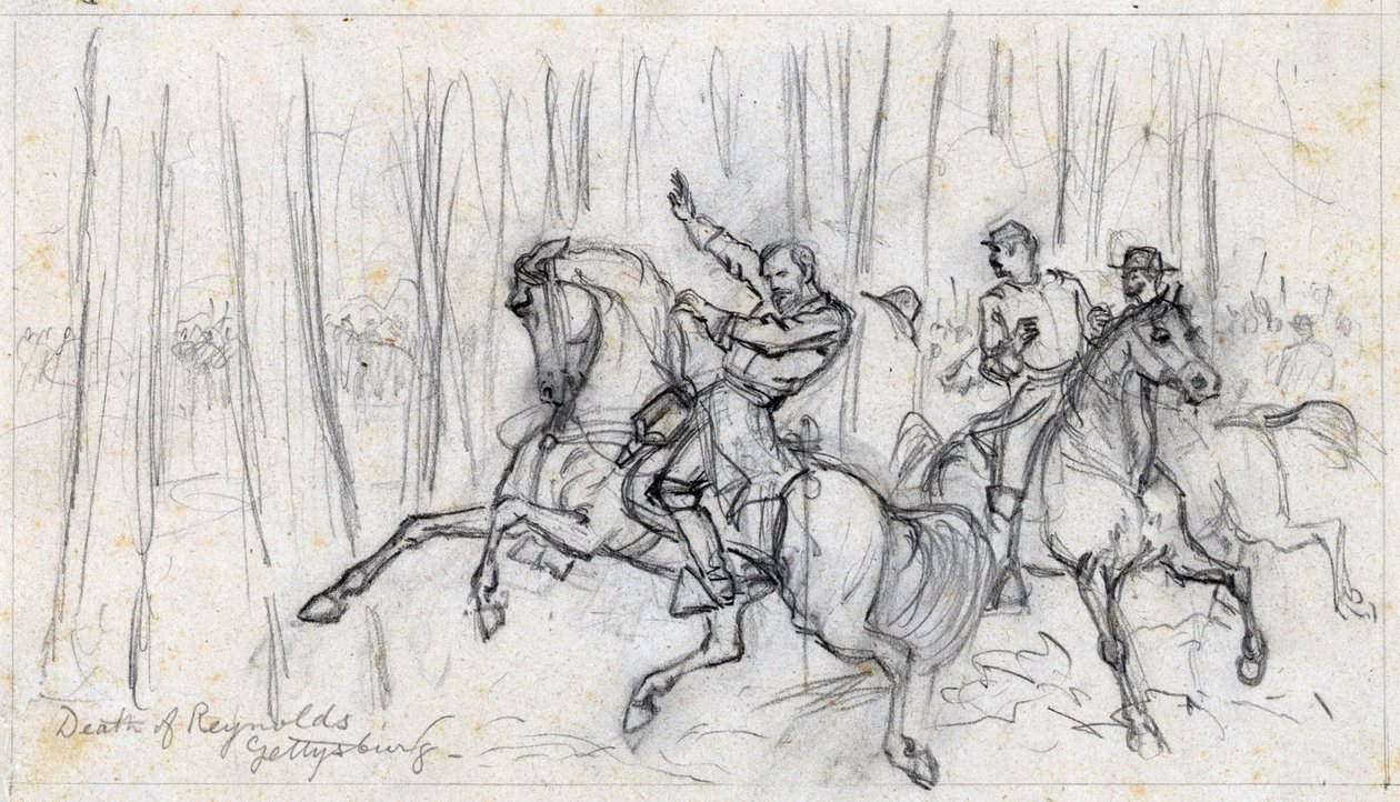 Śmierć Reynoldsa pod Gettysburgiem 1863 (rysunek) autorstwa Alfred Rudolph Waud