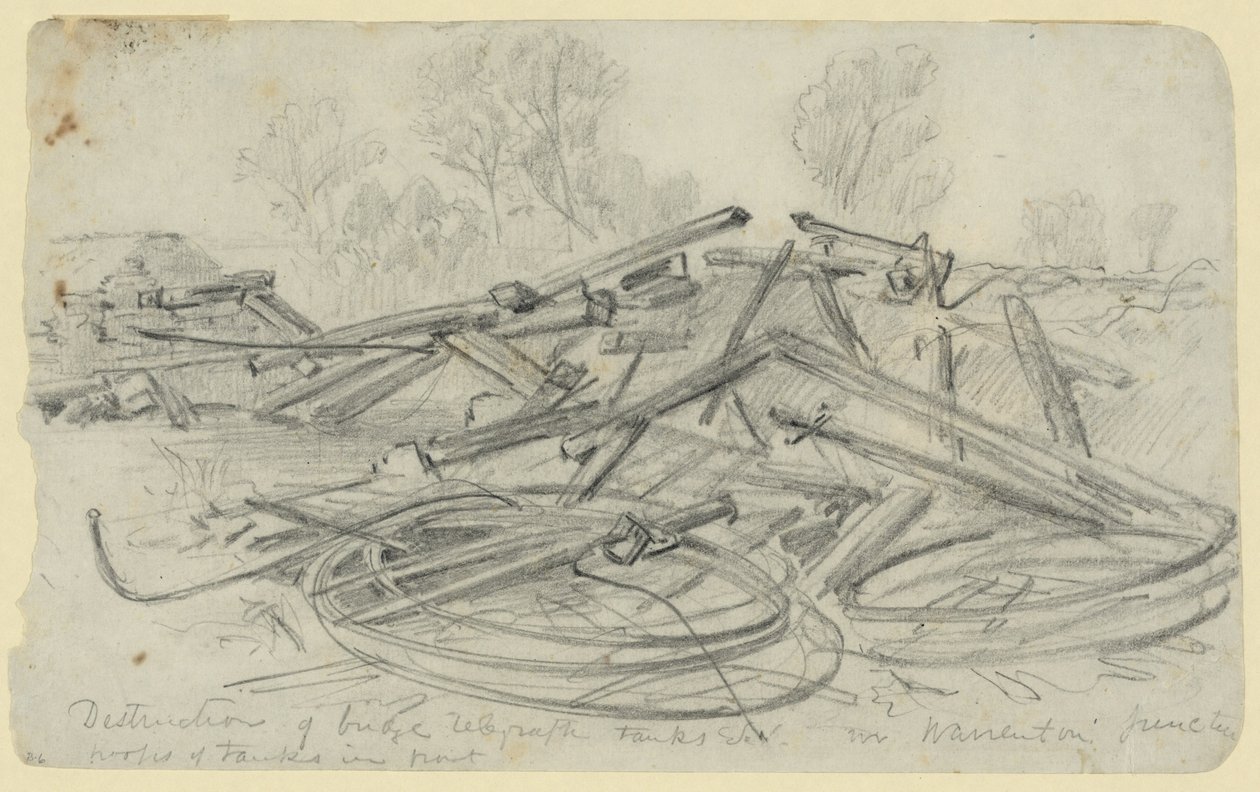 Zniszczenie czołgów telegraficznych mostowych itp. w Warrenton Junction autorstwa Alfred Rudolph Waud