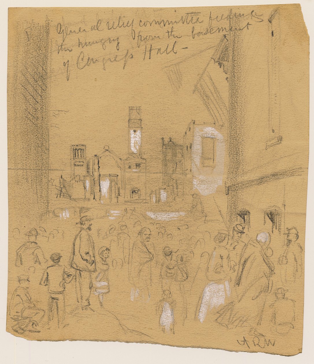 Generalny Komitet Pomocy Nakarmienie Głodnych z piwnicy Sali Kongresowej podczas pożaru Chicago w 1871 roku (ołówek i kreda na papierze) autorstwa Alfred Rudolph Waud