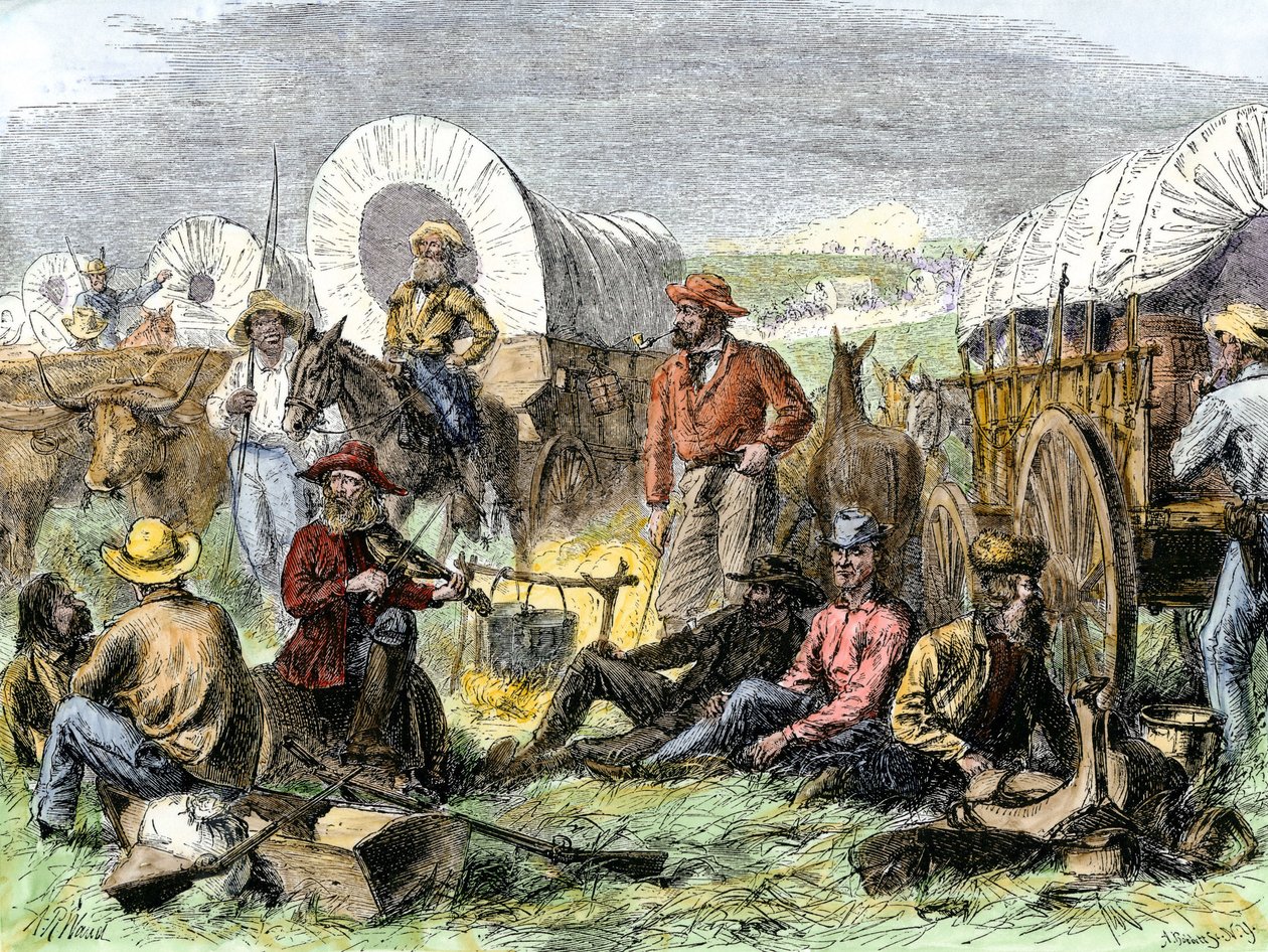 Historia osadników z West Conquete: Amerykańscy pionierzy. Obóz podróżników przy Grobie Nocy w pobliżu Diligences, Stany Zjednoczone. Kolorowa rycina z XIX wieku. autorstwa Alfred Rudolph Waud