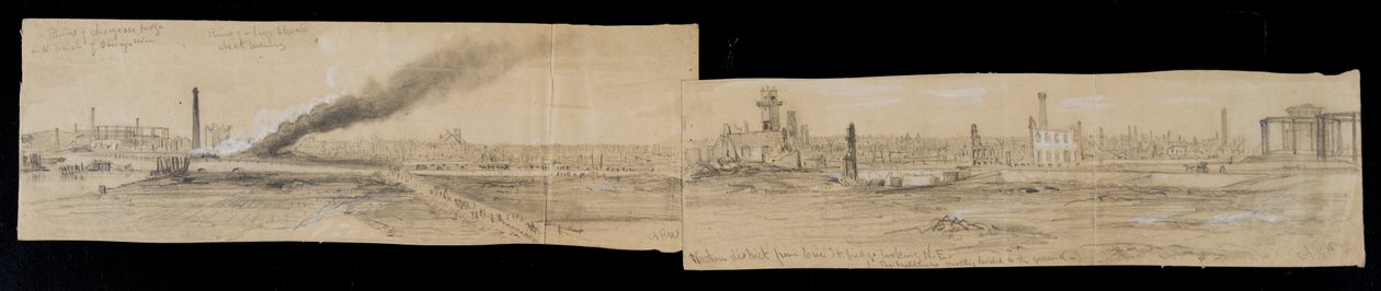 Dzielnica północna od mostu Erie Street, patrząc na wschód, podczas pożaru Chicago w 1871 r. (ołówek i kreda na papierze) autorstwa Alfred Rudolph Waud