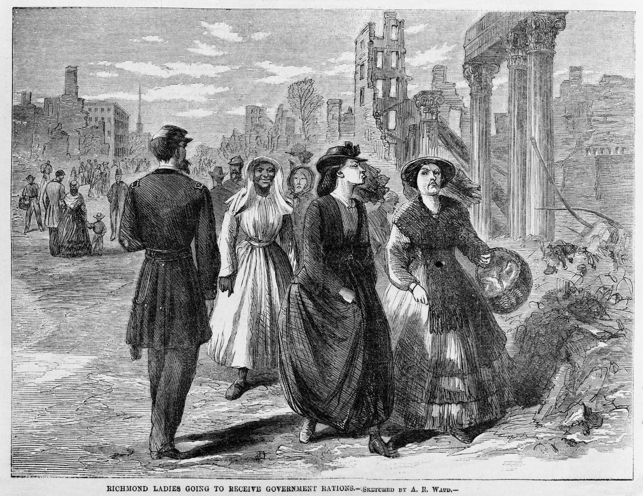 Richmond Ladies zamierza otrzymać rządowe racje żywnościowe, opublikowane w 1865 r autorstwa Alfred Rudolph Waud