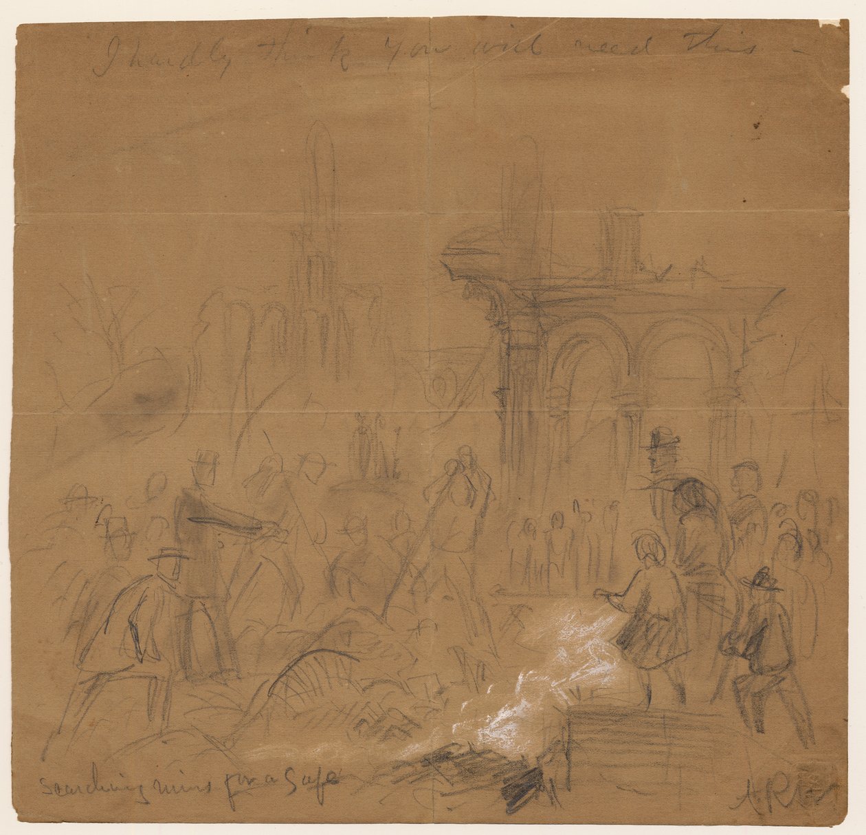 W poszukiwaniu ruin w poszukiwaniu sejfu po pożarze Chicago w 1871 r. (ołówek i kreda na papierze) autorstwa Alfred Rudolph Waud