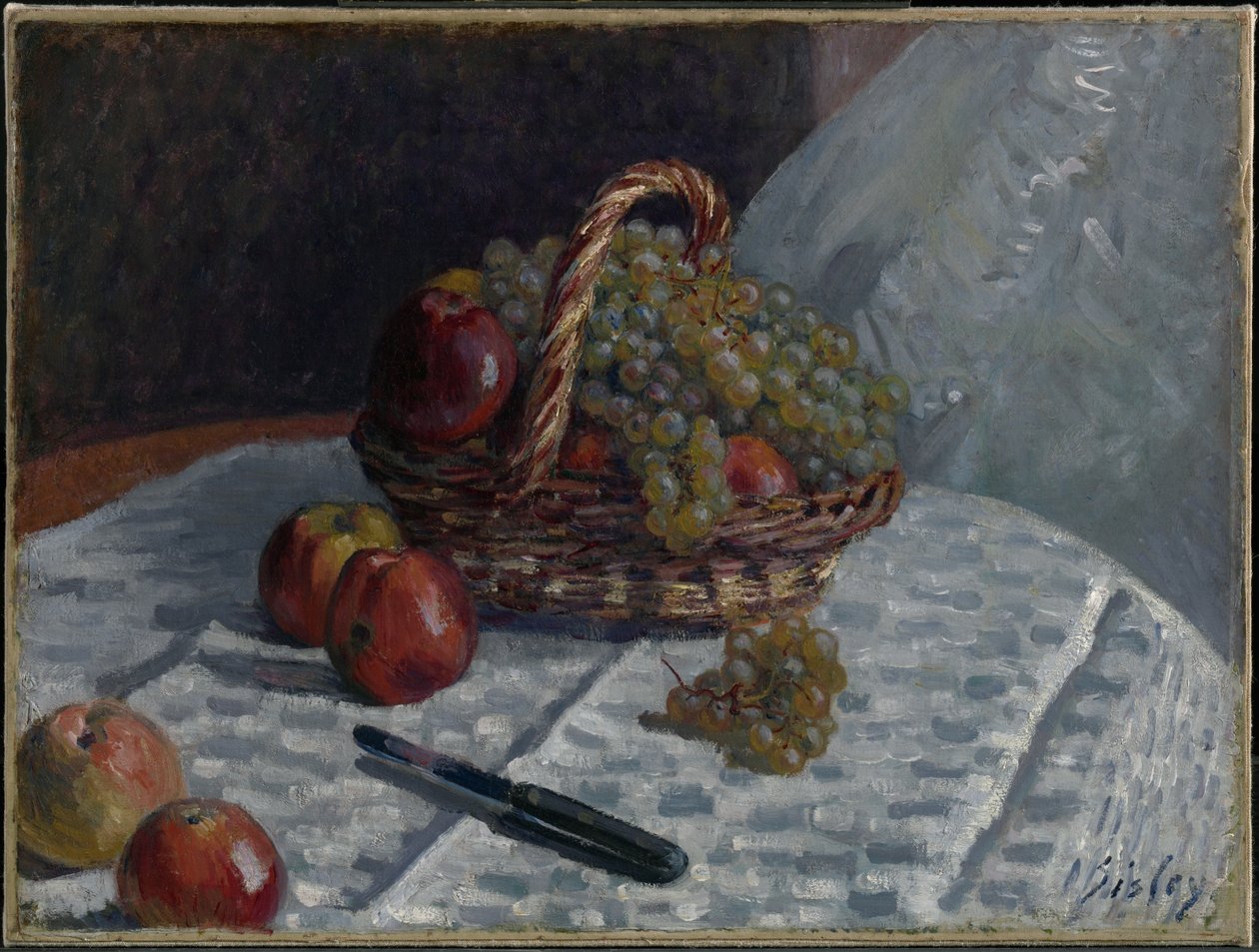Jabłka i winogrona w koszu autorstwa Alfred Sisley