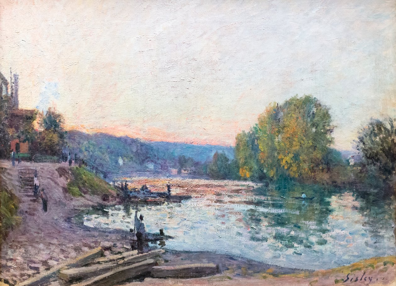 Brzegi Sekwany, efekt światła słonecznego o zmierzchu, data nieznana (olej na płótnie) autorstwa Alfred Sisley