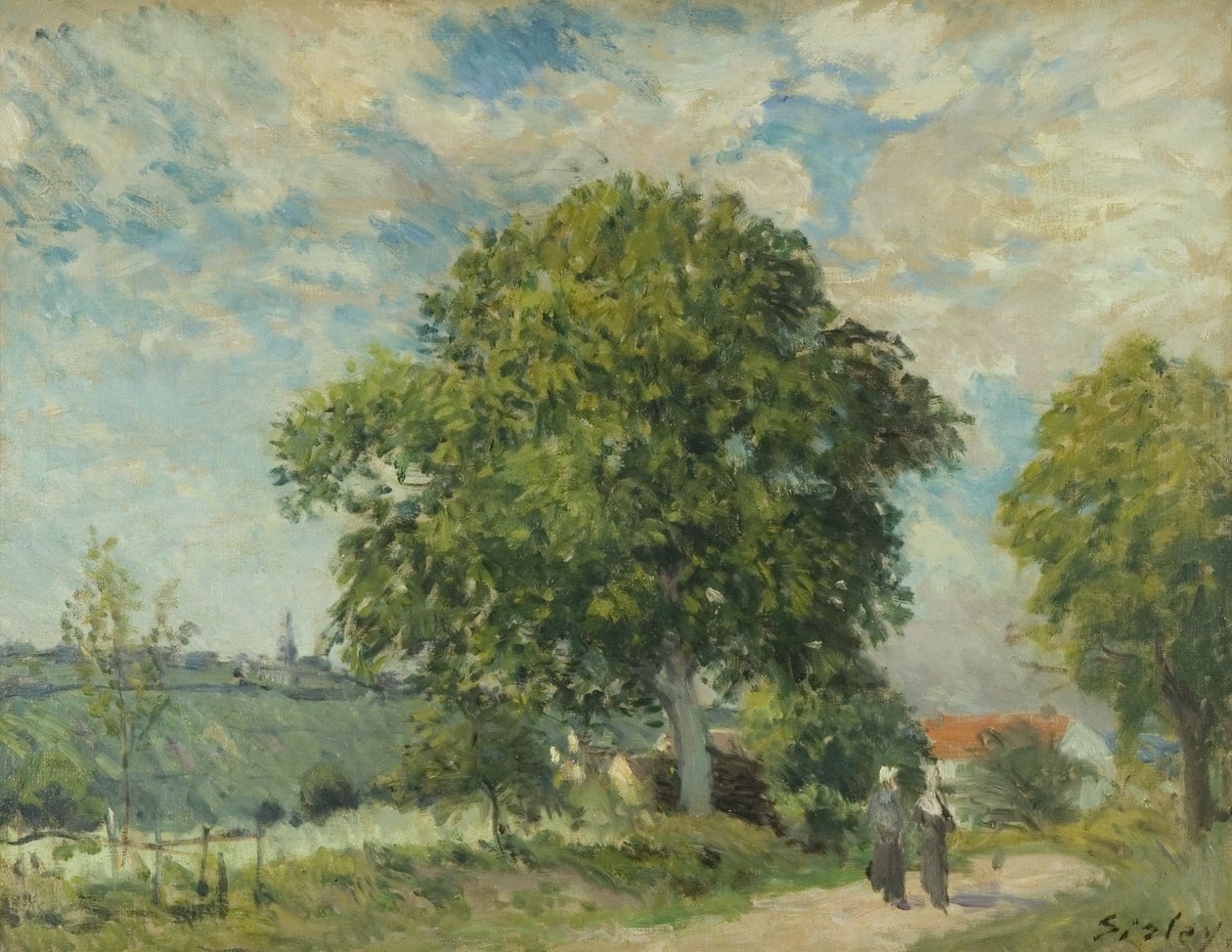Wejście do wsi, ok.1880 (olej na płótnie) autorstwa Alfred Sisley