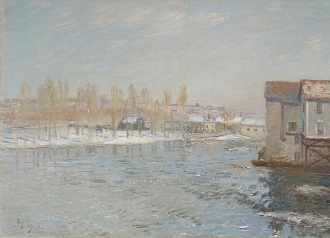 Loing i młyny Moret, Efekt śniegu, 1891 autorstwa Alfred Sisley