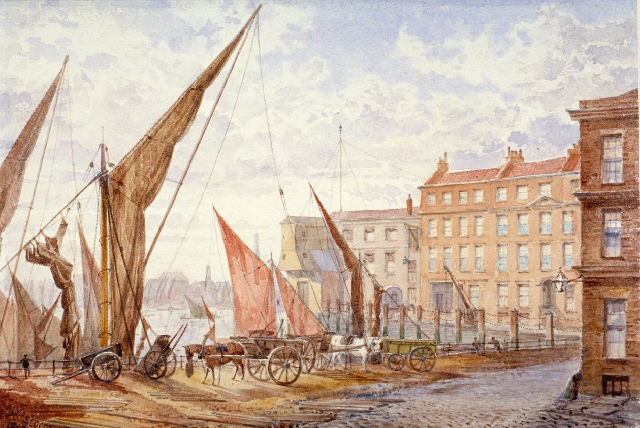 Widok Maidstone Wharf, Queenhithe, City of London, 1865. autorstwa Alfred Slocombe