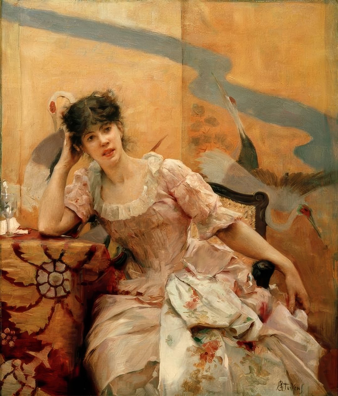 A.Stevens, Młoda kobieta i japoński ekran autorstwa Alfred Emile Stevens