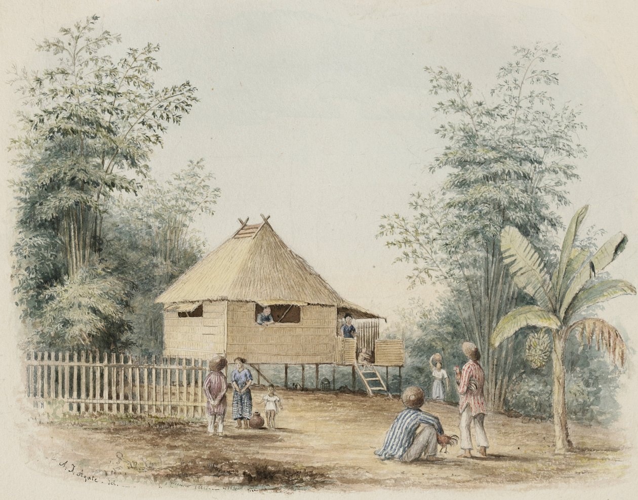 Rodzimy dom w pobliżu Manili, 1842 (toaleta z dotykiem pióra i atramentu na kremowym papierze tkanym) autorstwa Alfred Thomas Agate