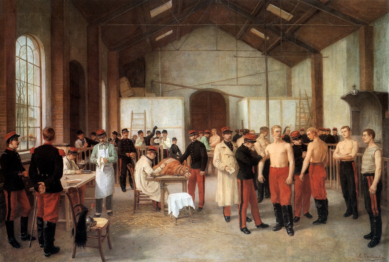 Szczepienie sesji francuskich oficerów w szpitalu Val de Grace w Paryżu ok. 1900 (olej na płótnie) autorstwa Alfred Touchemolin