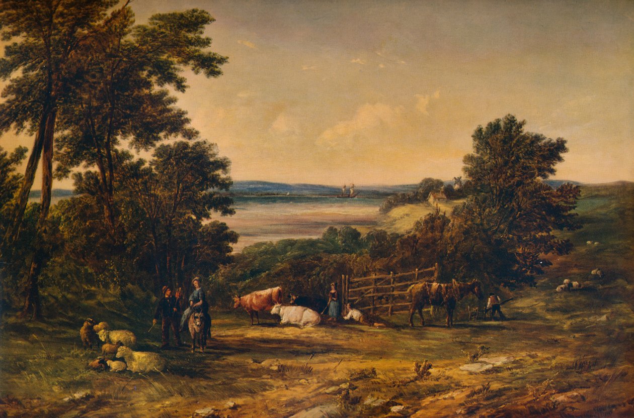 „Przystań otoczona zalesionymi wzgórzami i łąkami z bydłem”, 1859, 1938 autorstwa Alfred Vickers