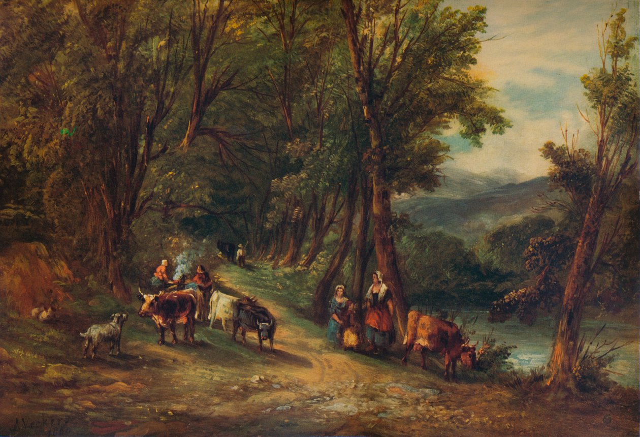 „Bydło i postacie w zalesionej dolinie ze strumieniem”, 1860, 1938 autorstwa Alfred Vickers