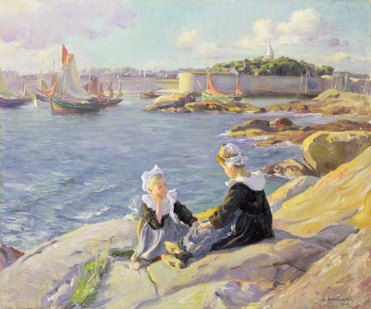 Breton Girls przy porcie, Concarneau autorstwa Alfred Victor Fournier