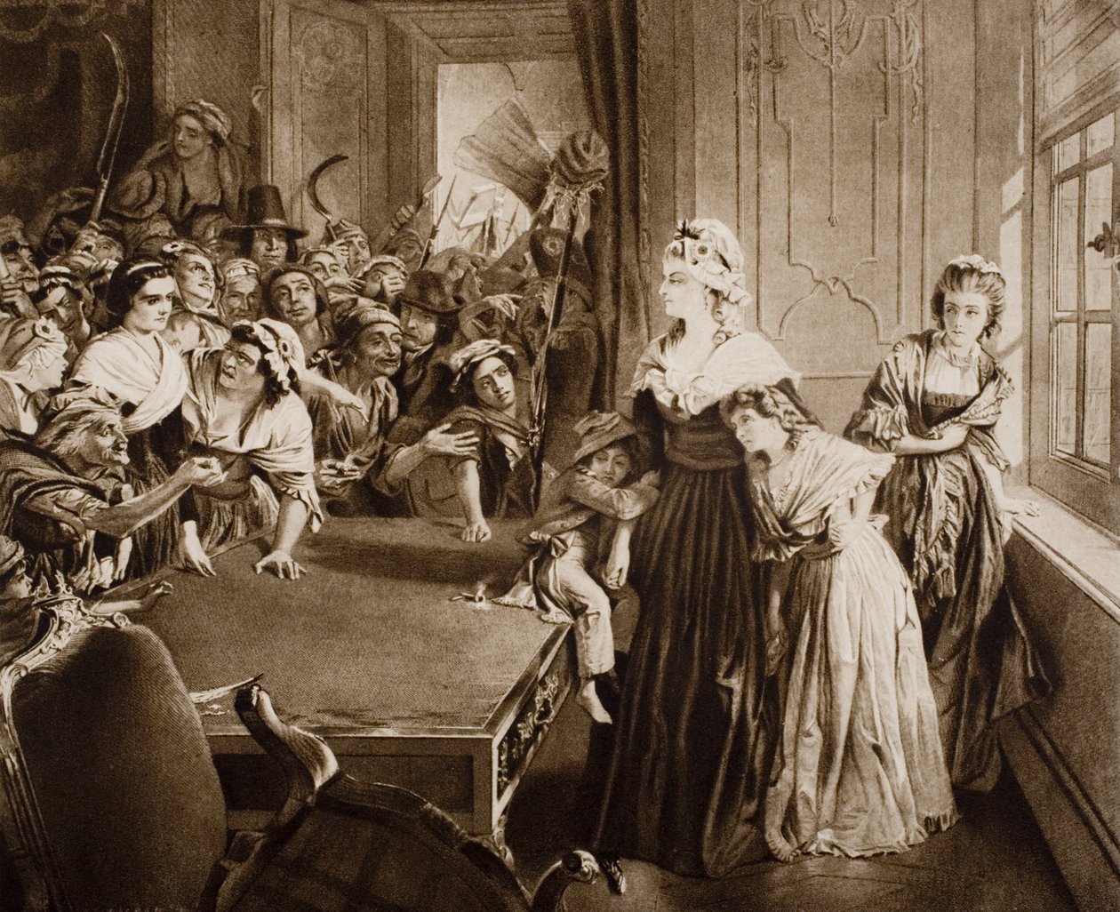 Tuileries, 20 czerwca 1792 r., ilustracja z „Zarysu historii” H.G. Wellsa, tom II, wydanej w 1920 r. autorstwa Alfred W. Elmore