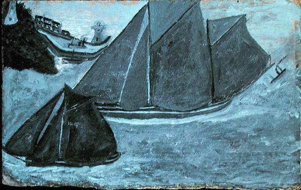 Łodzie poza portem (olej na karcie włożony na pokład) autorstwa Alfred Wallis