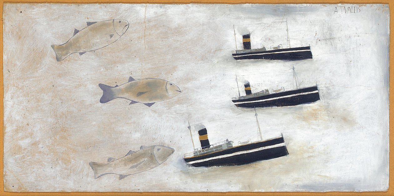 Ryby i trawlery (ołówek i olej na karcie) autorstwa Alfred Wallis