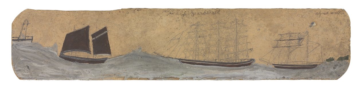 Lugger i dwa małe żaglowce zbliżające się do portu, ok. 1855-1942 (olej i ołówek na karcie) autorstwa Alfred Wallis