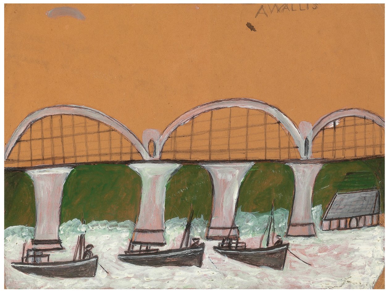 Saltash Bridge (ołówek i olej na karcie) autorstwa Alfred Wallis