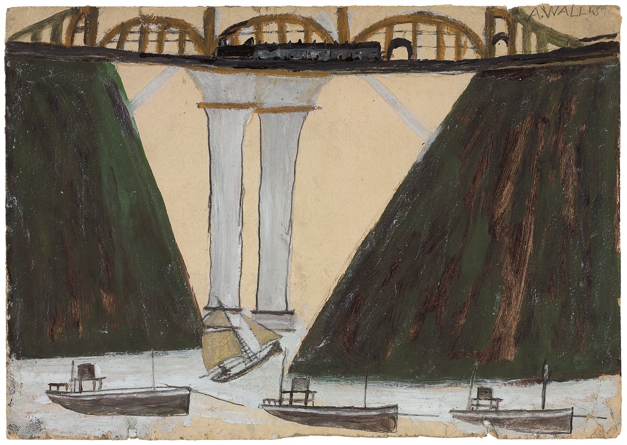 Saltash Bridge, ok. 1930 r. 1930 (ołówek i olej na kartonie) autorstwa Alfred Wallis