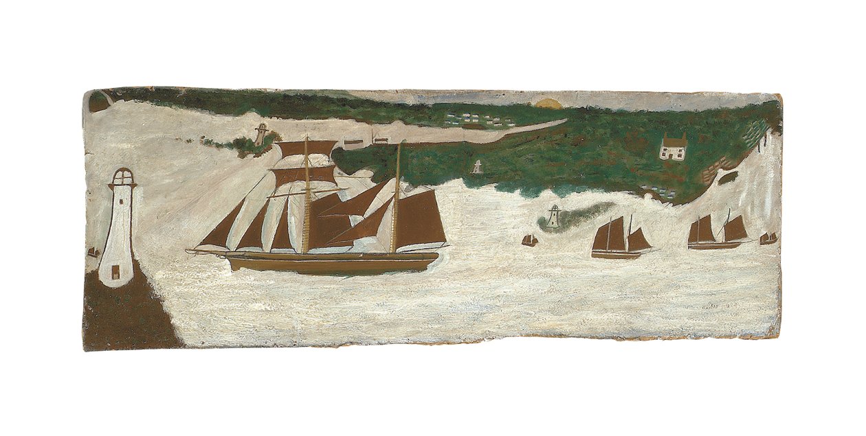 Szkuner mijający latarnię morską, ok. 1855-1942 (olej na płycie) autorstwa Alfred Wallis