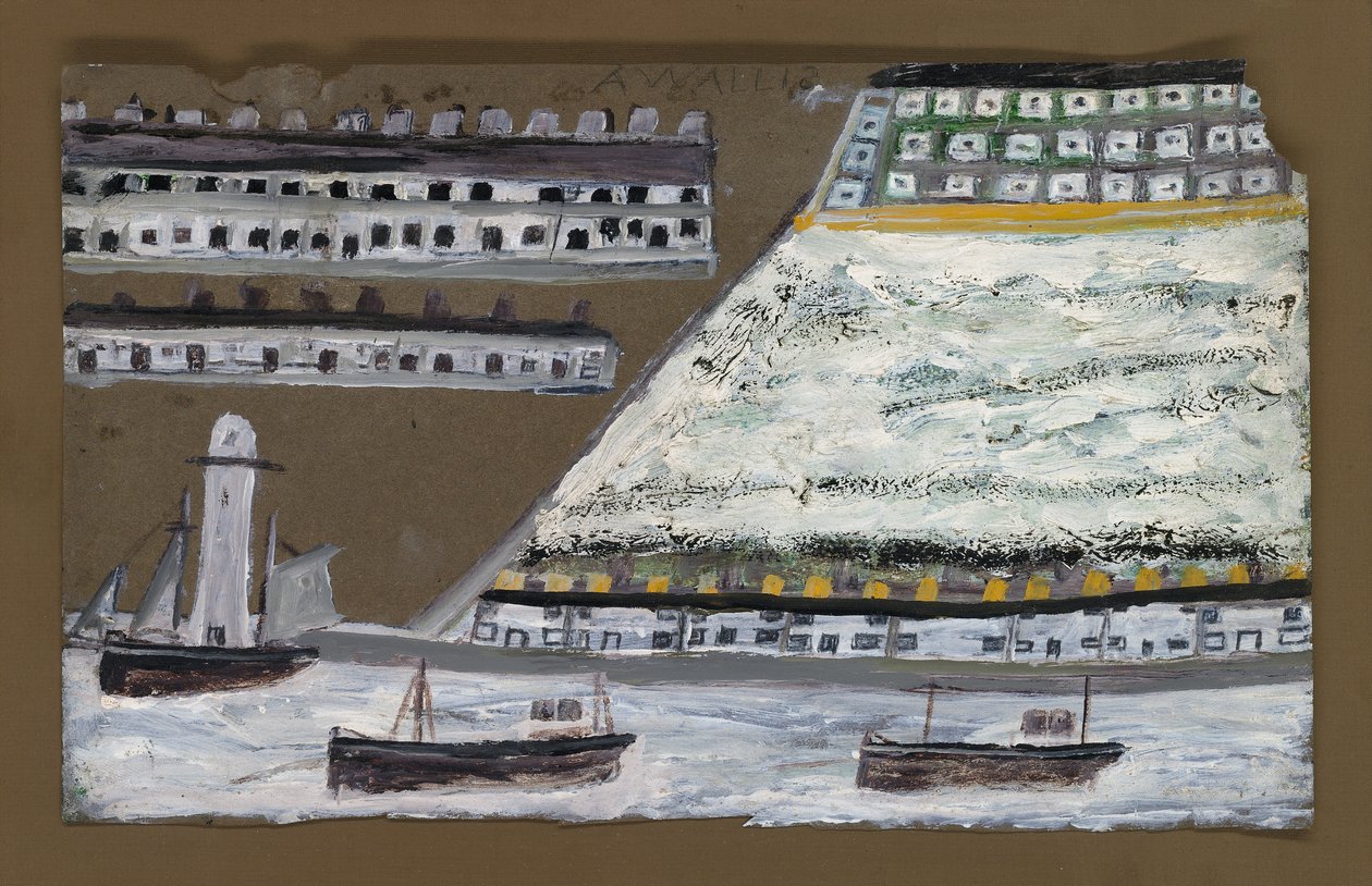 Statki i latarnia morska, domy (ołówek i olej na papierze) autorstwa Alfred Wallis