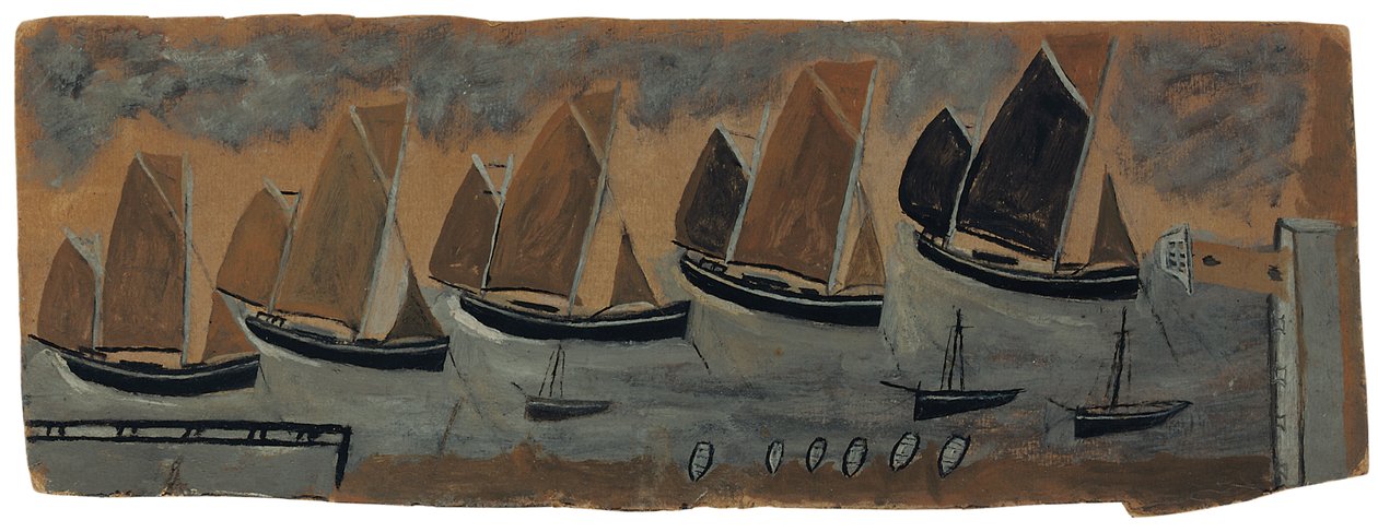 Port St. Ives z pięcioma żaglówkami (olej i ołówek na pokładzie) autorstwa Alfred Wallis