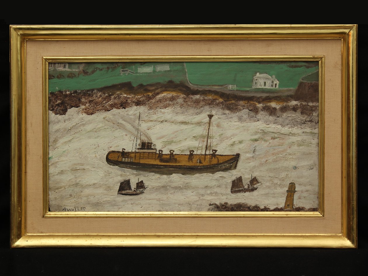 Trzy łodzie pomiędzy latarnią morską a brzegiem, ok. 1930 (olej na karcie) autorstwa Alfred Wallis
