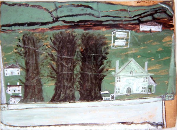 Trzy drzewa, biały dom w krajobrazie (olej na tekturze) autorstwa Alfred Wallis