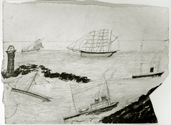 Trzy żaglowce, dwa parowce i latarnia morska Godrevy, ok. 1935-38 (olej i ołówek na karcie) autorstwa Alfred Wallis