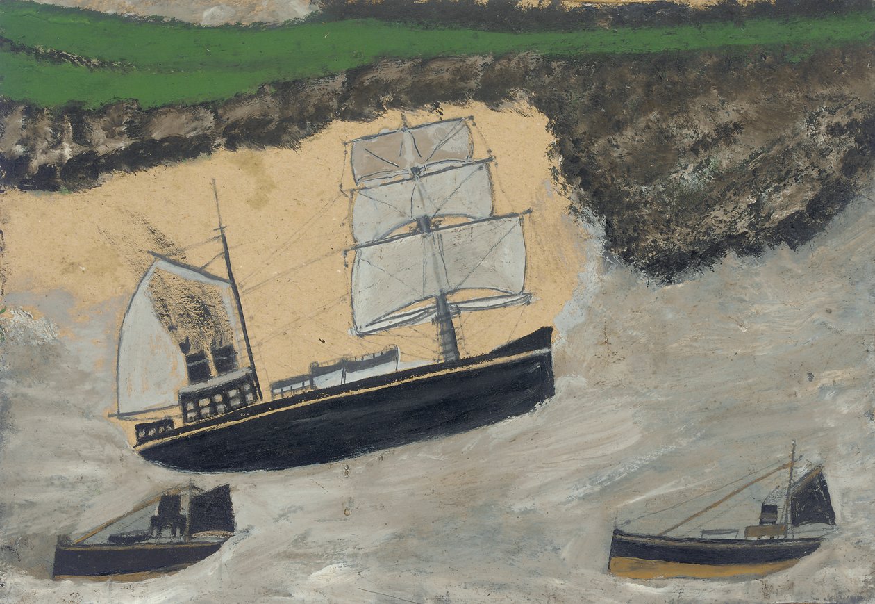 Trzy parowce (olej i ołówek na pokładzie) autorstwa Alfred Wallis