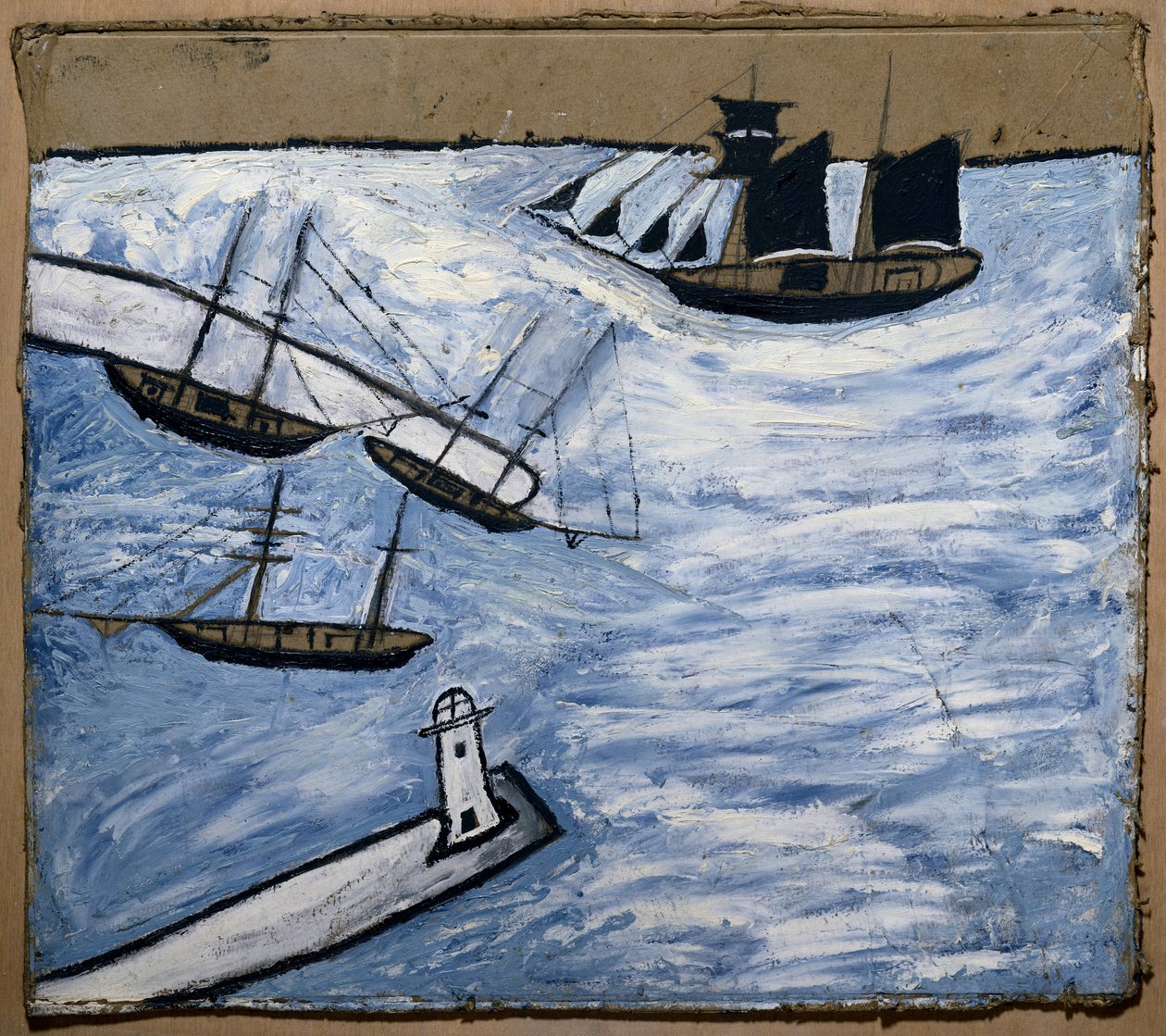 Widok na port i latarnię morską w Saint Ives (Kornwalia, Anglia). Olej i ołówek na tekturze, autor: Alfred Wallis (1855-1942) autorstwa Alfred Wallis