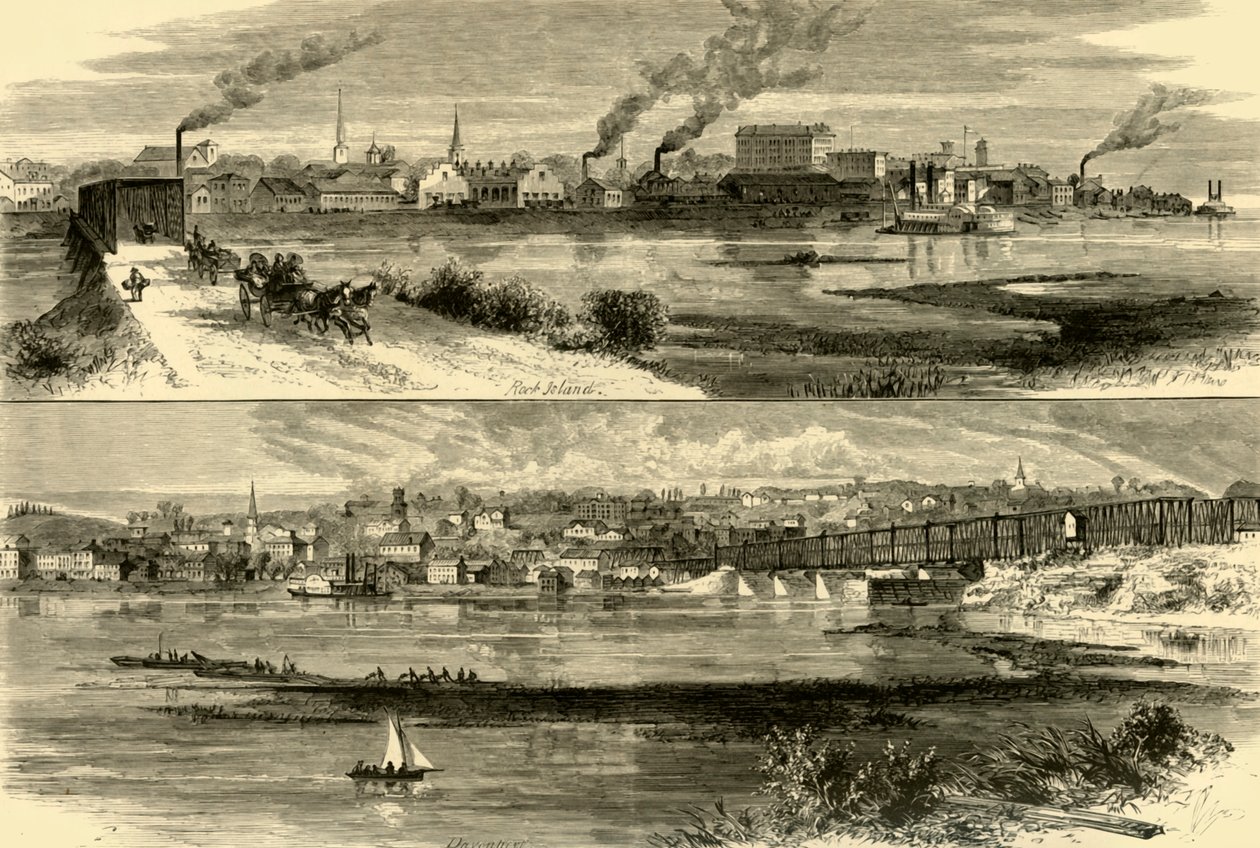 „Rock Island, Illinois.- Davenport, Iowa”, 1874. autorstwa Alfred Rudolph Waud