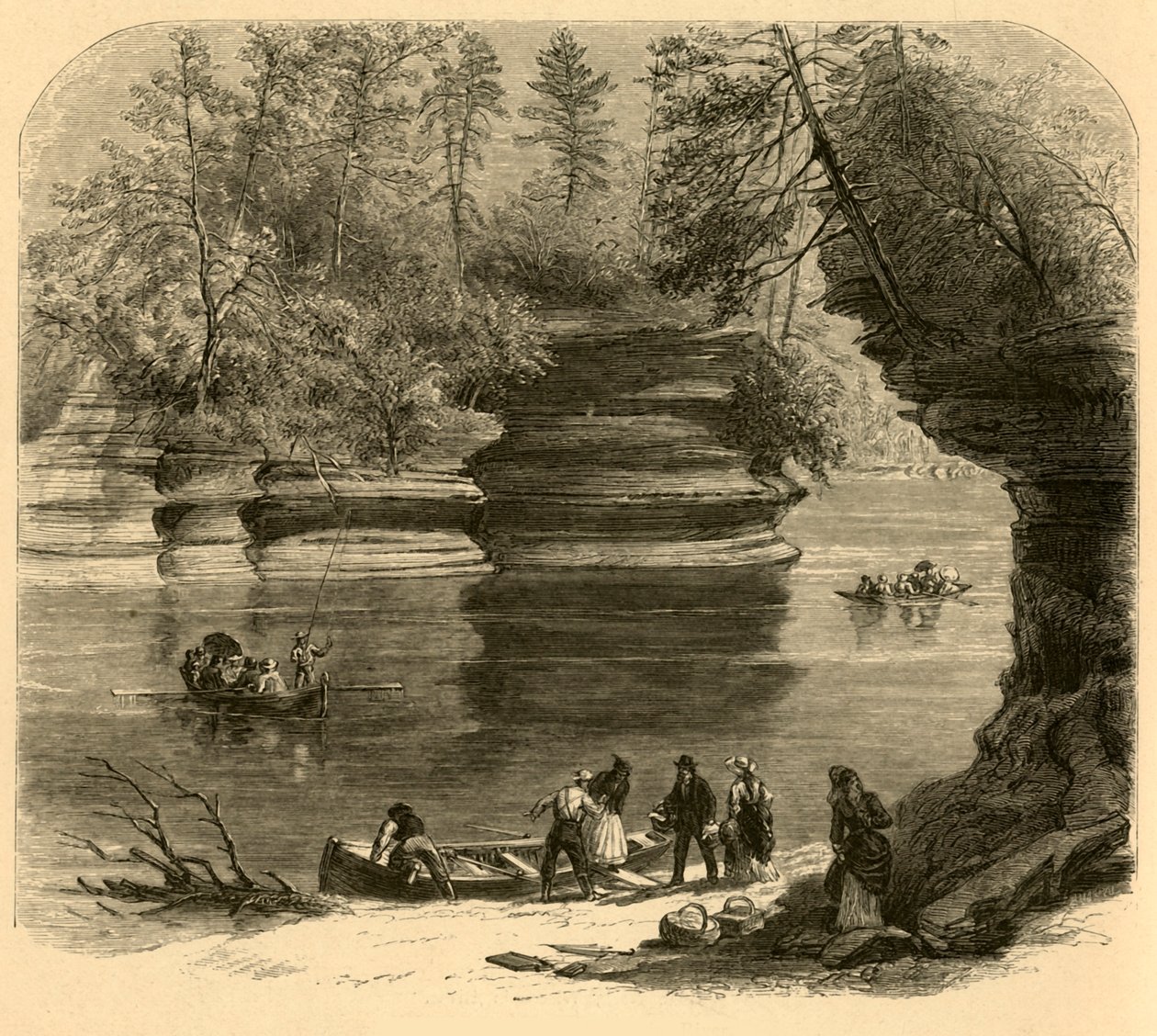 „Steamboat Rock, Wisconsin River”, 1874. autorstwa Alfred Rudolph Waud