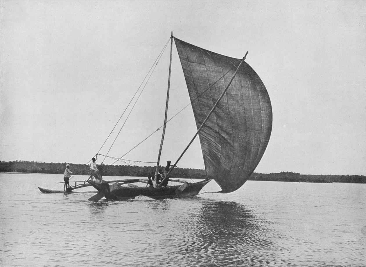 Kajak Outrigger w pełnym żaglu na jeziorze Negombo, c1890, 1910 autorstwa Alfred William Amandus Plate