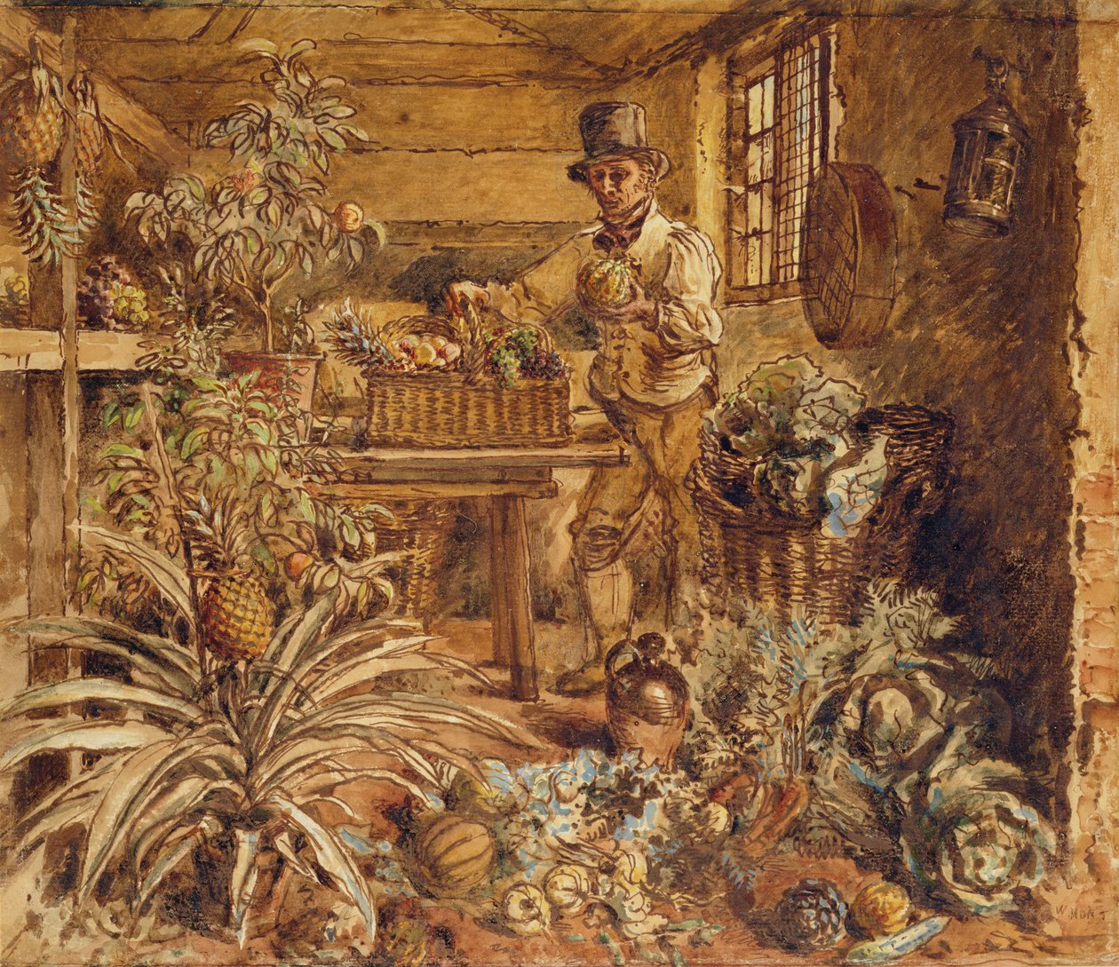 Ogrodnik w szopie z ananasami i różnymi warzywami (pióro, atrament i toaleta na papierze) autorstwa Alfred William Hunt