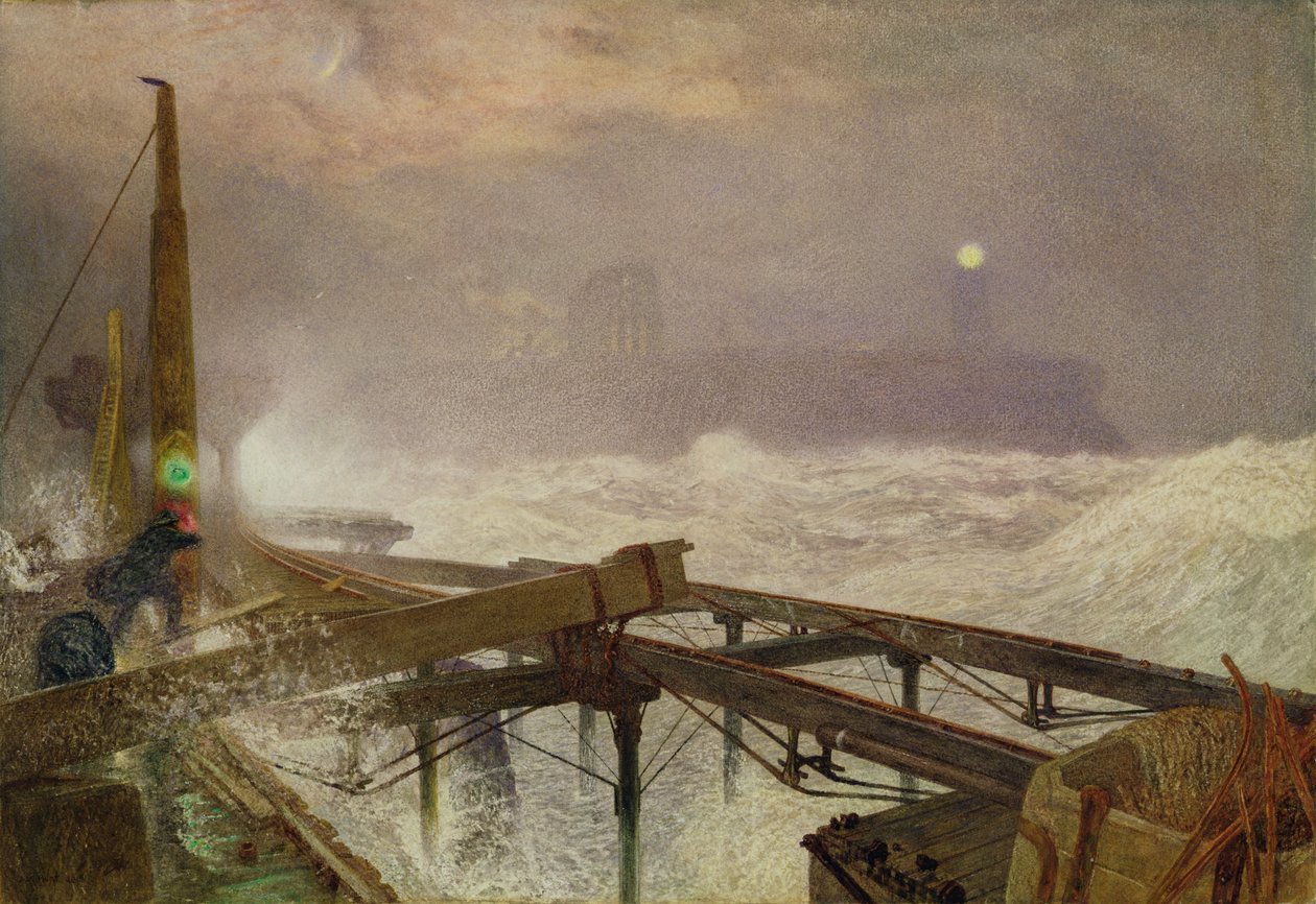 Blue Lights, Teignmouth Pier - Zapalanie lamp o zachodzie słońca, 1868 (toaleta, kolor nadwozia i wydrapywanie na papierze) autorstwa Alfred William Hunt