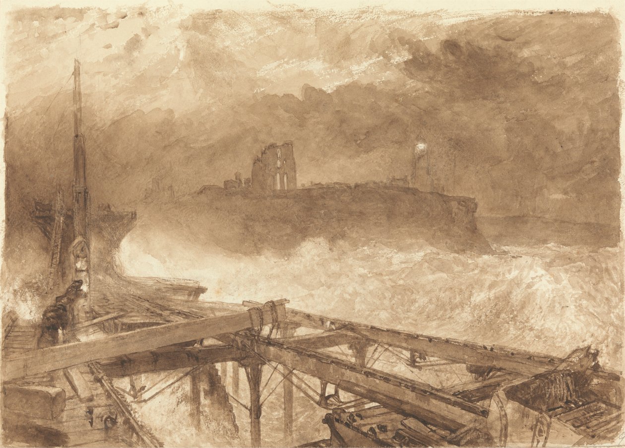 Studium dla molo w Tynemouth — zapalanie lamp o zachodzie słońca autorstwa Alfred William Hunt