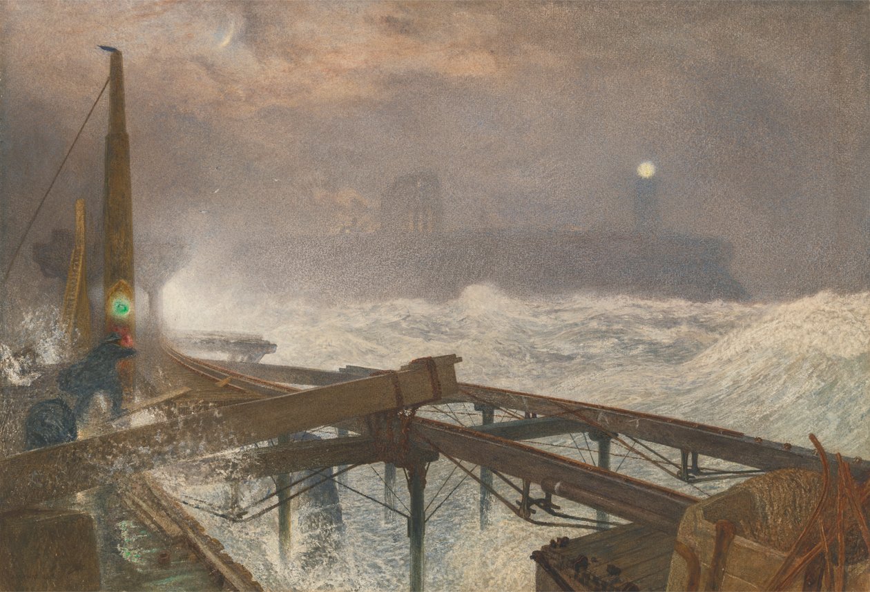 Molo w Tynemouth — zapalanie lamp o zachodzie słońca autorstwa Alfred William Hunt