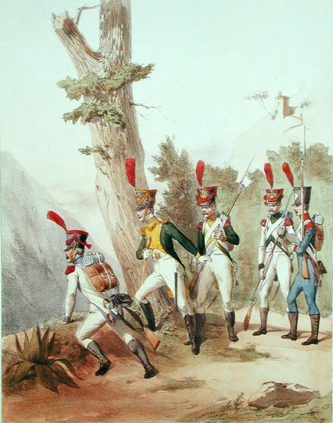 Oddziały francuskie, ryty przez Gustave Davida (1824-91) 1810 (lito) autorstwa Alfred de (after) Marbot