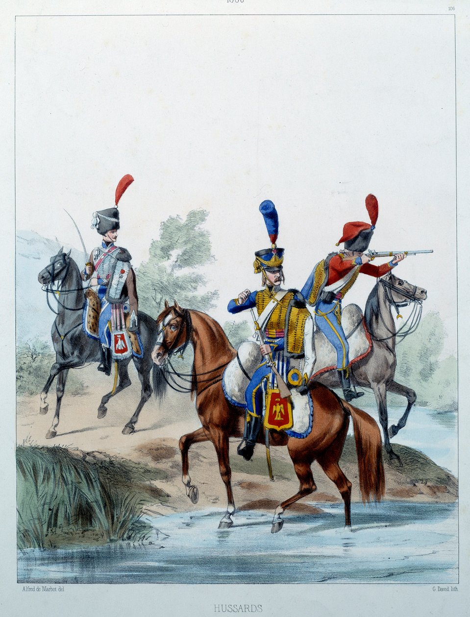 Armia Napoleońska: Husaria. Grawerowanie autorstwa Alfreda De Marbota (XIX w.) 1806. Malmaison, Musee Du Chateau. autorstwa Alfred de (after) Marbot