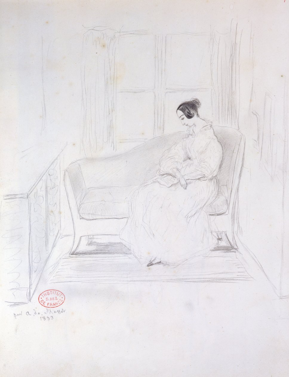 George Sand (1804-76), czytanie na sofie pod oknem, 1833 autorstwa Alfred de Musset