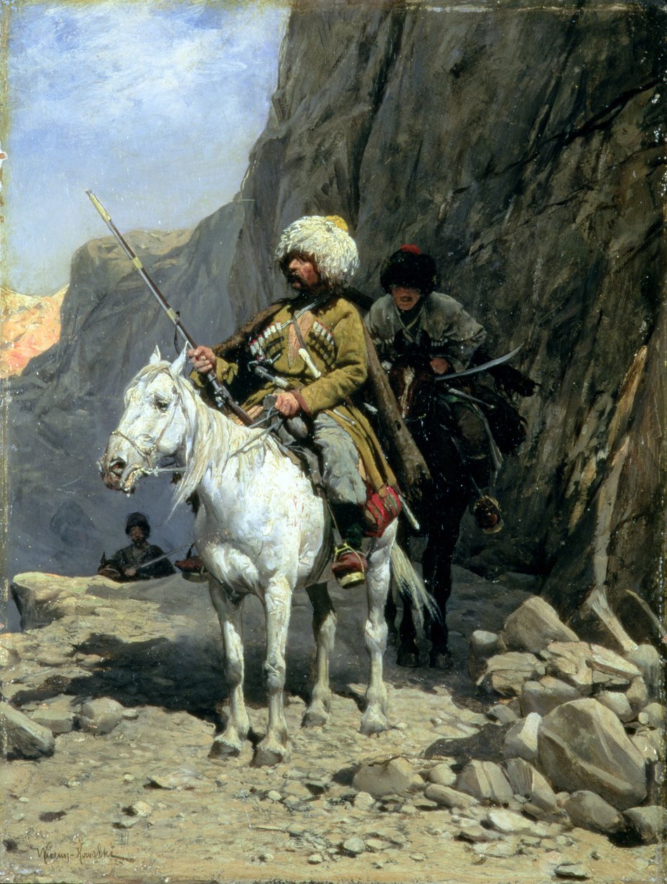 Patrol czerkieski, ok. 1885 (olej na pokładzie) autorstwa Alfred von Wierusz Kowalski