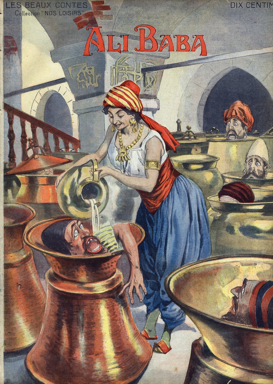 Ali Baba (i czterdziestu złodziei). Popularna bajka 1001 nocy lub tysiąca i jednej nocy). Ilustracja Vaccari i Carrey w zbiorze „Les beaux tales”” „Nos loisirs”” około 1910 r. Kolekcja prywatna. autorstwa Alfredo and Carrey Vaccari