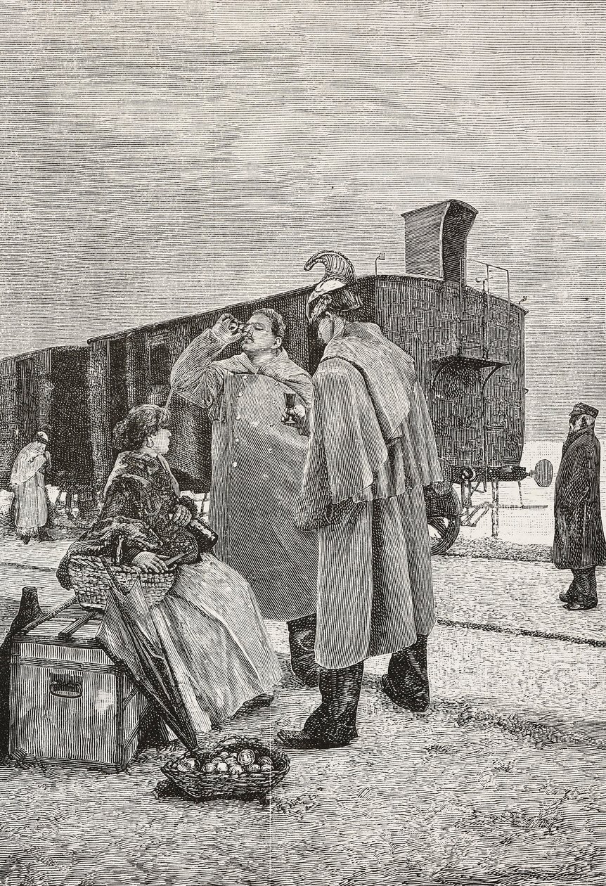 Five Minutes Stop, dwóch mężczyzn stojących na stacji kolejowej, pijących i jedzących, rycina z obrazu Alfredo Luxoro (1859-1918), z L
