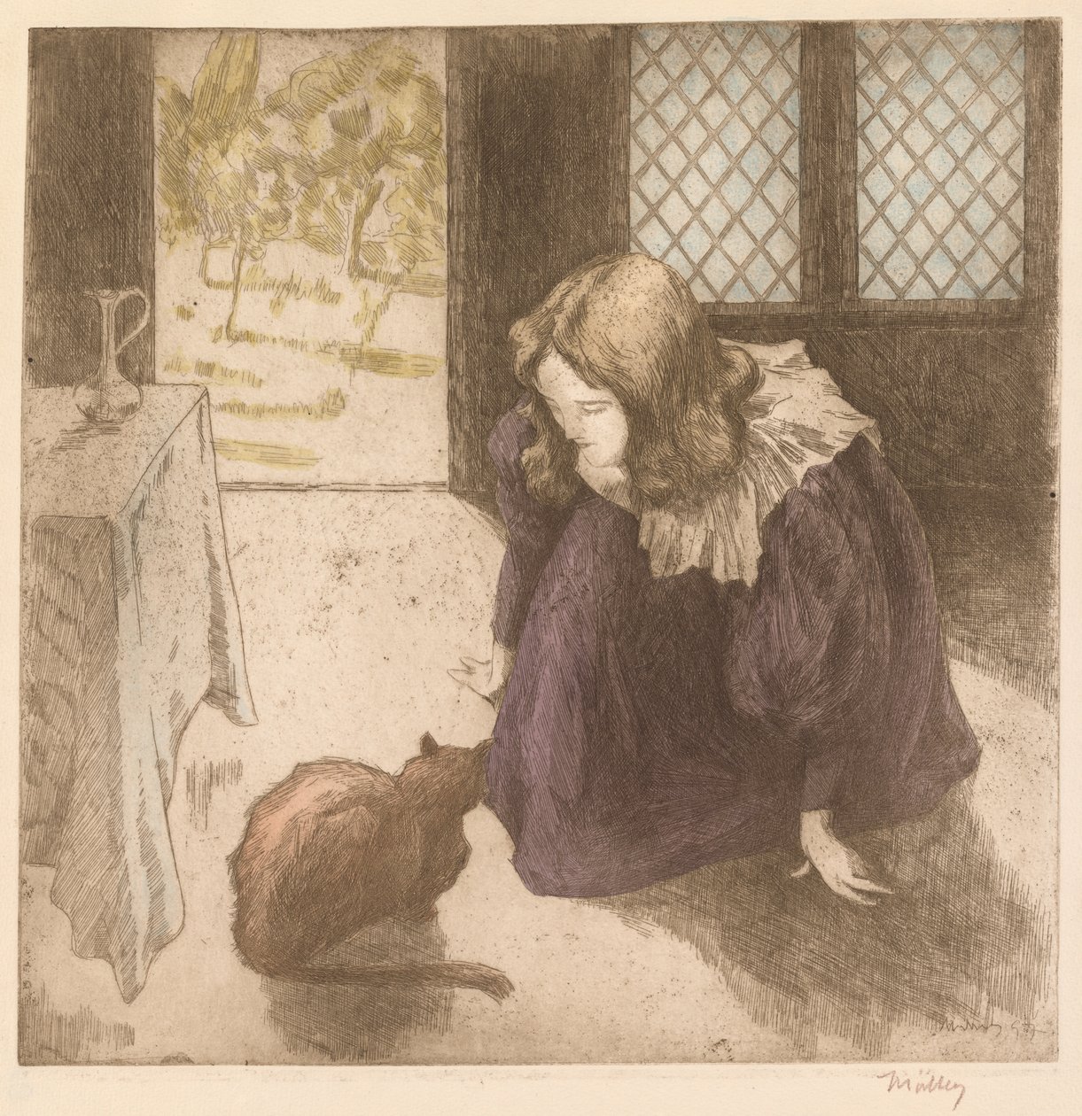 Wnętrze, Dziewczynka z Kotem (La Petite fille au chat) autorstwa Alfredo Müller